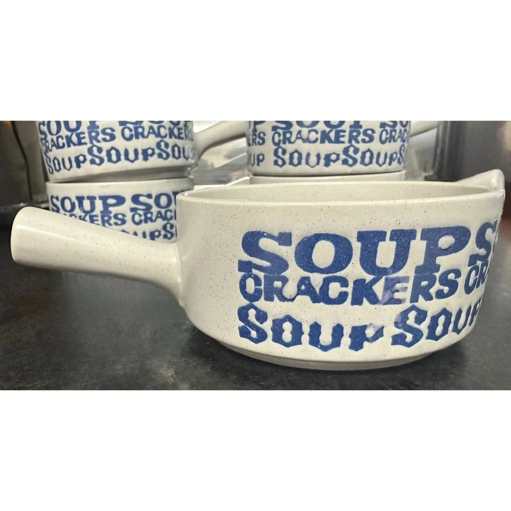 5-Vintage Stackable 1970s Apex Stoneware Soup and Crackers Handled Bowls